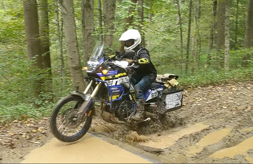 A man on an adventure bike navigating a muddy trail in a forest.